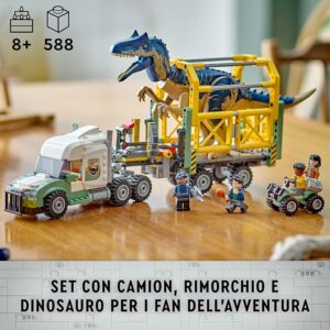 Set LEGO Jurassic World con camion, dinosauro Allosauro e minifigure per avventure emozionanti. 