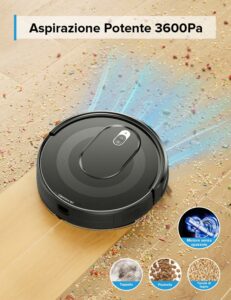 Robot Aspirapolvere Lavapavimenti nero, potente e versatile per pavimenti e tappeti.