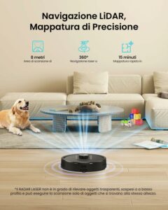 Robot aspirapolvere lavapavimenti con mappatura per pavimenti e tappeti, ideale per animali domestici, con autonomia di 180 minuti.