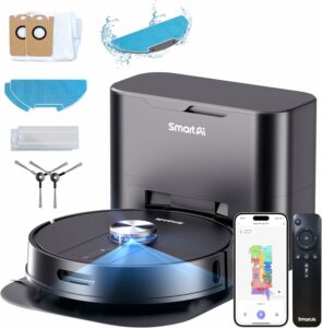 Robot pulitore SmartAI S8 Pro con 5000Pa, ideale per pavimenti e tappeti, offre controllo smart e stazione di svuotamento da 4L.  
