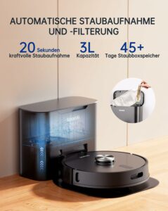 Robot pulitore SmartAI S8 Pro con 5000Pa, ideale per pavimenti e tappeti, offre controllo smart e stazione di svuotamento da 4L.  