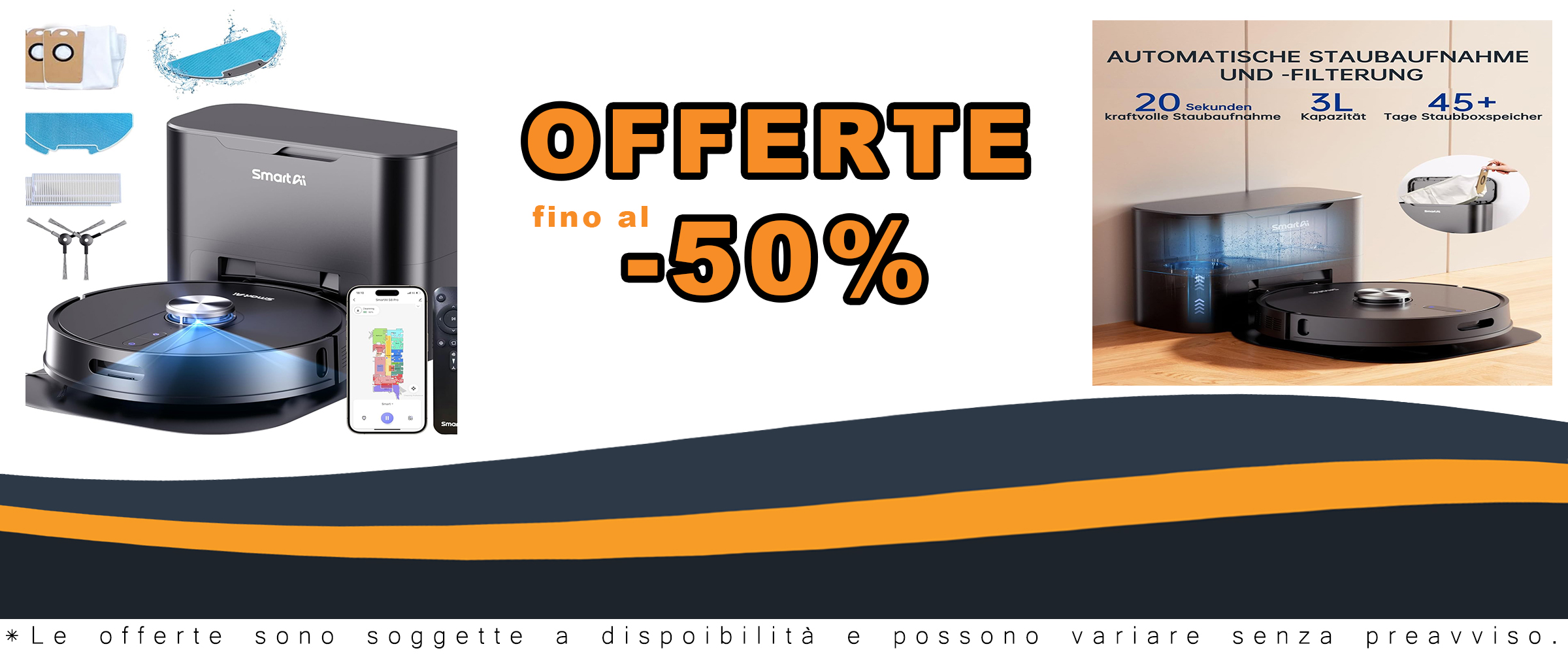 Robot pulitore SmartAI S8 Pro con 5000Pa, ideale per pavimenti e tappeti, offre controllo smart e stazione di svuotamento da 4L.  