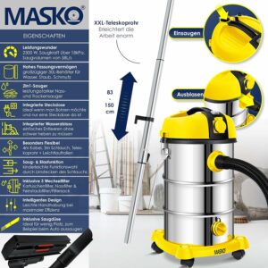 Masko® Aspirapolvere Industriale 2300 W in acciaio inox, versatile per secco e umido, con offerte e codici sconto.