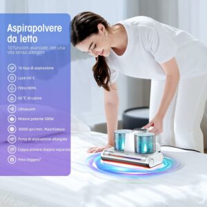 Aspirapolvere per materassi con luce UV-C, filtro HEPA e riscaldamento ultrasuoni.  