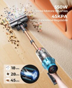 Aspirapolvere senza fili 550W con 45Kpa di potenza, display OLED e autonomia di 60 minuti, ideale per pavimenti, tappeti e superfici con pelosità  