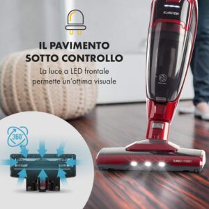 Immagine del KLARSTEIN TurboHybrid, un aspirapolvere senza fili, compatto e potente, con illuminazione LED e ugelli inclusi.