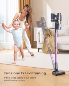 MIUZZY Aspirapolvere Senza Fili, scopa elettrica viola ideale per pavimenti e tappeti, con tecnologia anti-avvolgimento per peli animali
