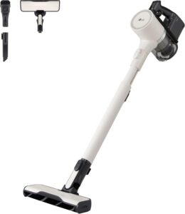 Aspirapolvere LG CordZero A9K Lite1C in azione, con maxi spazzola parquet e LED che rivela la polvere.
