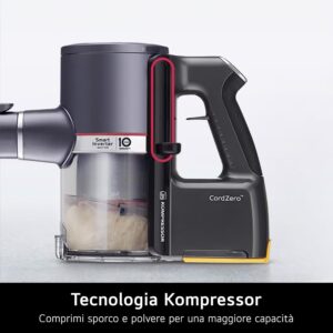 Aspirapolvere LG CordZero A9K Lite1C in azione, con maxi spazzola parquet e LED che rivela la polvere.