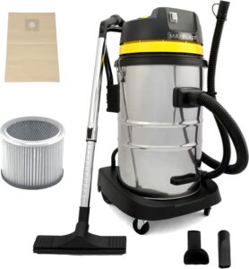 Aspirapolvere industriale senza sacco con filtro HEPA, sacco opzionale, accessori inclusi e capacità 50L.