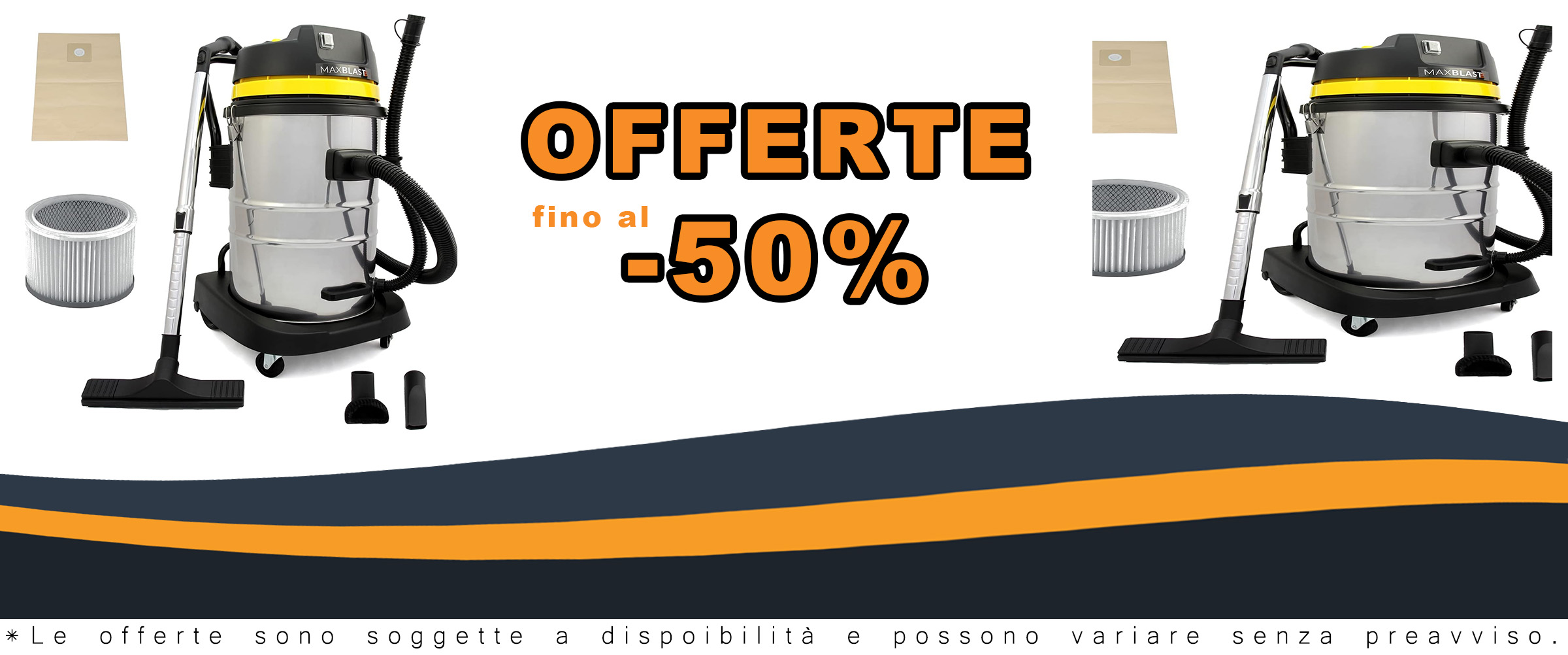 Aspirapolvere industriale senza sacco con filtro HEPA, sacco opzionale, accessori inclusi e capacità 50L.