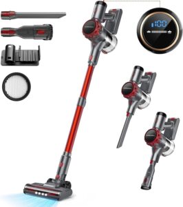 Aspirapolvere Senza Fili 30KPa con batteria rimovibile e autonomia di 55 minuti, perfetto per moquette, pavimenti e peli di animali domestici.