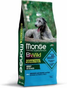 Crocchette super premium MONGE Grain Free Adult: acciughe, patate e piselli, per cani adulti.  