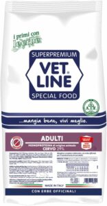 Alimento secco per cani adulti, monoproteico al cervo, con offerte speciali.