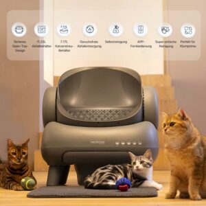 Lettiera automatica per gatti con controllo app e smaltimento odori.
