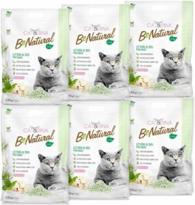 Lettiera per gatti vegetale, agglomerante e biodegradabile con profumazione al tè verde, fino a 30 giorni di utilizzo.