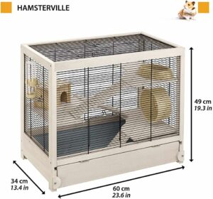 Ferplast Gabbia Criceti in legno FSC HAMSTERVILLE, struttura ecosostenibile, dimensioni 60x34x49 cm, perfetta per piccoli roditori.