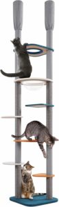 Albero tiragraffi regolabile in altezza per gatti, con posatoi blu e arancia, design divertente e multifunzionale.  