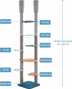 Albero tiragraffi regolabile in altezza per gatti, con posatoi blu e arancia, design divertente e multifunzionale.  