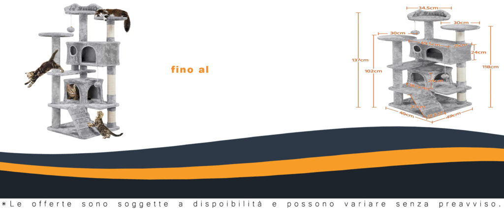 Albero tiragraffi Yaheetech 137 cm in grigio chiaro con piattaforme e giochi per gatti