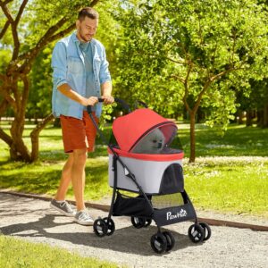 PawHut Passeggino per cani pieghevole 3 in 1 con trasportino rimovibile e tettuccio, rosso  