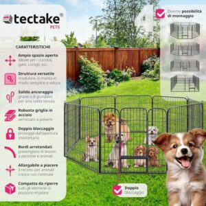 Recinto per cuccioli tectake® in uso con un cucciolo all'interno, mostrato in un ambiente esterno, evidenziando la porta con doppio blocco e il design pieghevole.