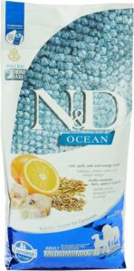 N&D Ocean Dog Codfish, Spelt, Oats and Orange 12kg per cani adulti, ideale per taglia media e maxi, con ingredienti naturali come il pesce cod, avena e arancia.