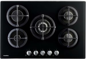 Piano cottura PremierTech PC5G75V in vetro nero con 5 fuochi e supporti in ghisa, design elegante e prestazioni elevate.  