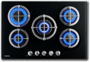 Piano cottura PremierTech PC5G75V in vetro nero con 5 fuochi e supporti in ghisa, design elegante e prestazioni elevate.  