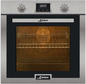 Forno da incasso Kaiser EH 6323 in acciaio inox con funzioni avanzate come autopulente, spiedo rotante e funzione pizza, ideale per cucinare con efficienza.