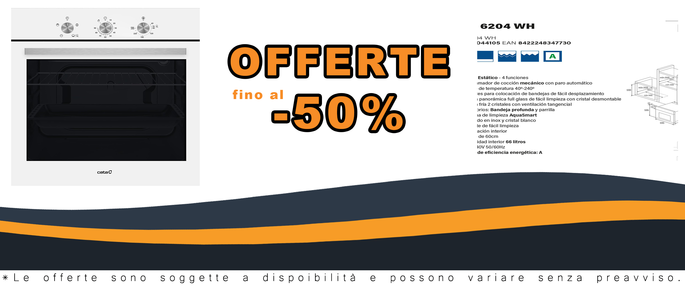 Forno statico Cata SES 6204 WH, 4 funzioni di cottura, programmatore meccanico, capacità 66 litri, classe energetica A