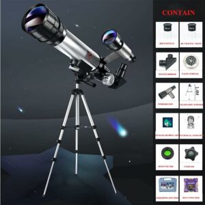 Telescopio astronomico con treppiede e adattatore per smartphone su sfondo stellato