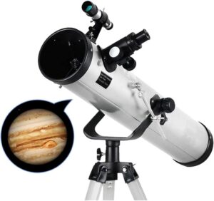 Telescopio ZXLPHAZ 125 mm con treppiede e cercatore in un ambiente notturno stellato