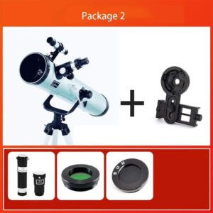 Telescopio ZXLPHAZ 125 mm con treppiede e cercatore in un ambiente notturno stellato