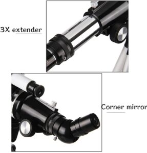Telescopio rifrattore astronomico con treppiede su sfondo stellato