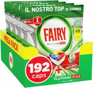 Immagine di Fairy Platinum Detersivo Pastiglie Lavastoviglie Plus con brillantante e tecnologia anti-opaco, ideale per la pulizia efficace delle stoviglie.