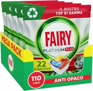 Pastiglie per lavastoviglie Fairy Platinum Plus Limone, pacco da 5 x 22 capsule, per una pulizia profonda e brillantezza come nuova.