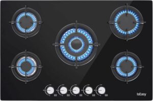 Piano cottura a gas in vetro nero con 5 fuochi, elegante e pratico, perfetto per la cucina moderna.