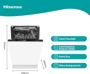 Lavastoviglie Hisense HV520E40UK integrata, slim da 45 cm, silenziosa e compatta, ideale per famiglie di medie dimensioni