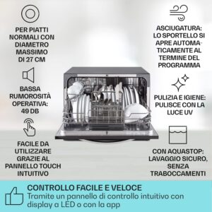 Klarstein Mini Lavastoviglie per 8 coperti, silenziosa, compatta e con 6 programmi di risciacquo, ideale per casa, ufficio e campeggio.