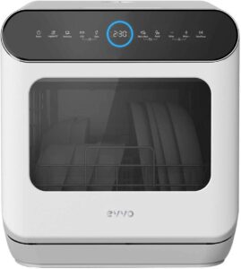 Lavastoviglie EVVO compatta e senza installazione, perfetta per piccoli spazi e con programmi eco-compatibili.