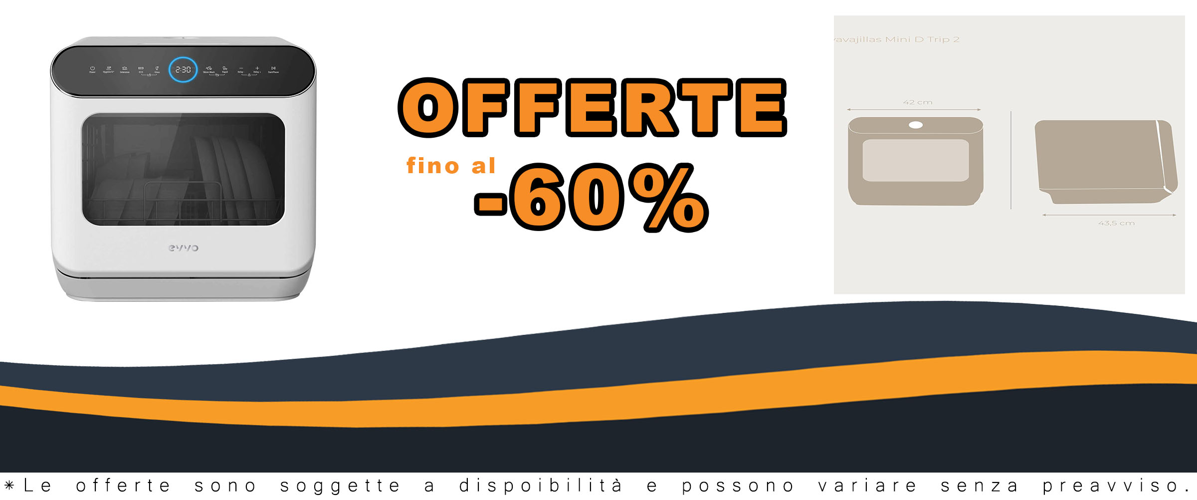 Lavastoviglie EVVO compatta e senza installazione, perfetta per piccoli spazi e con programmi eco-compatibili.