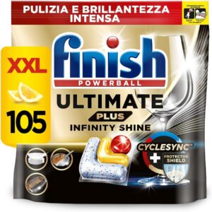 Finish Ultimate PLUS Infinity Shine Pastiglie Lavastoviglie al Limone, 105 Capsule, con scudo protettivo contro sporco e residui incrostati