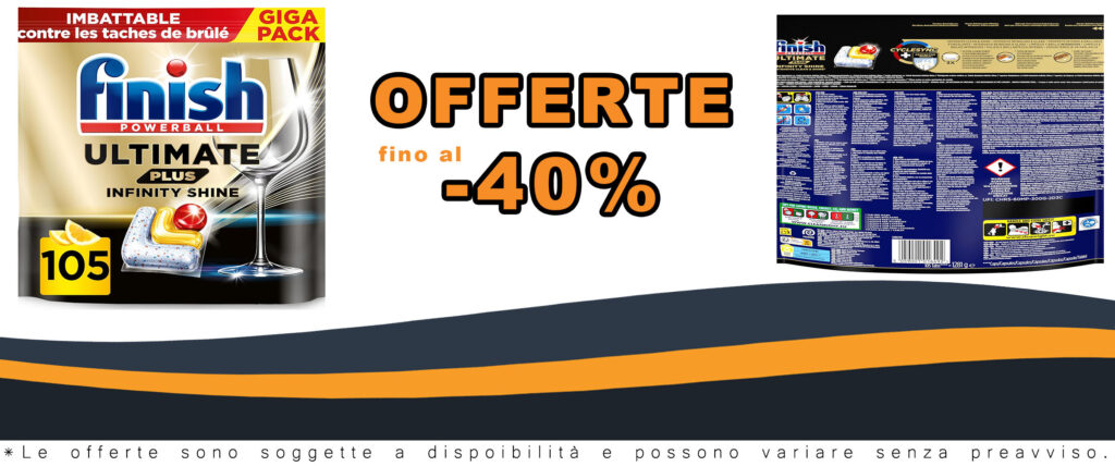 Finish Ultimate Plus Infinity Shine Pastiglie Lavastoviglie Limone 105 Tabs Bulk Buy in una confezione da 105 pastiglie, ideale per una pulizia profonda e brillantezza dei piatti.