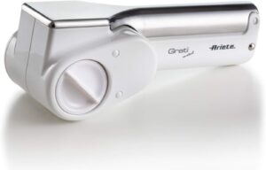 Grattugia elettrica Ariete 44 Gratì Metal in bianco e argento, senza filo, con due rulli per formaggio e altri alimenti.