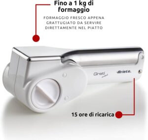 Grattugia elettrica Ariete 44 Gratì Metal in bianco e argento, senza filo, con due rulli per formaggio e altri alimenti.