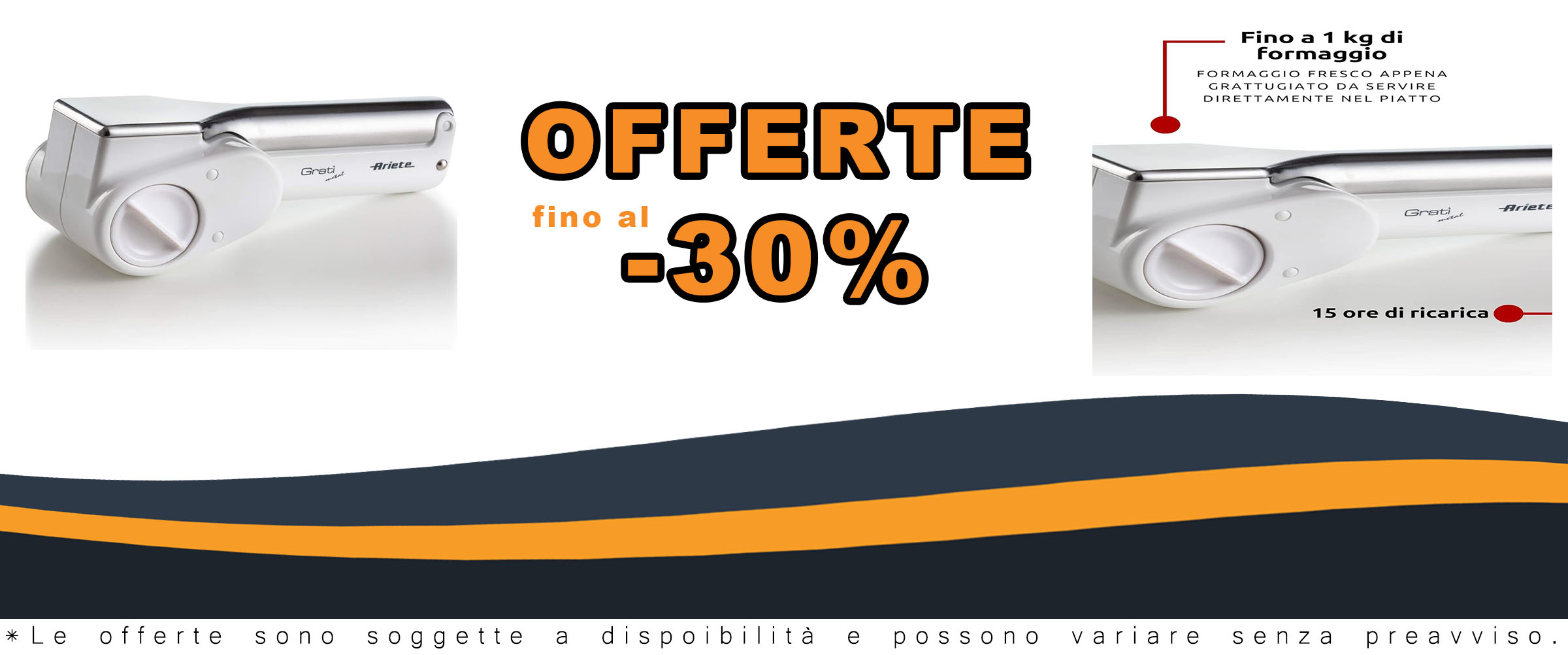 Grattugia elettrica Ariete 44 Gratì Metal in bianco e argento, senza filo, con due rulli per formaggio e altri alimenti.