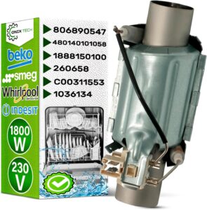 Elemento riscaldante per lavastoviglie 1800W compatibile con Beko, Smeg, Whirlpool e Indesit, con garanzia di 5 anni.