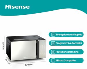 Microonde Hisense H20MOMBS4HG con design elegante in colore specchio, display LED e 9 funzioni.