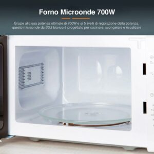 Forno Microonde 700W 20Lt Bianco con Timer, ideale per famiglie, con piatto girevole e 5 livelli di potenza